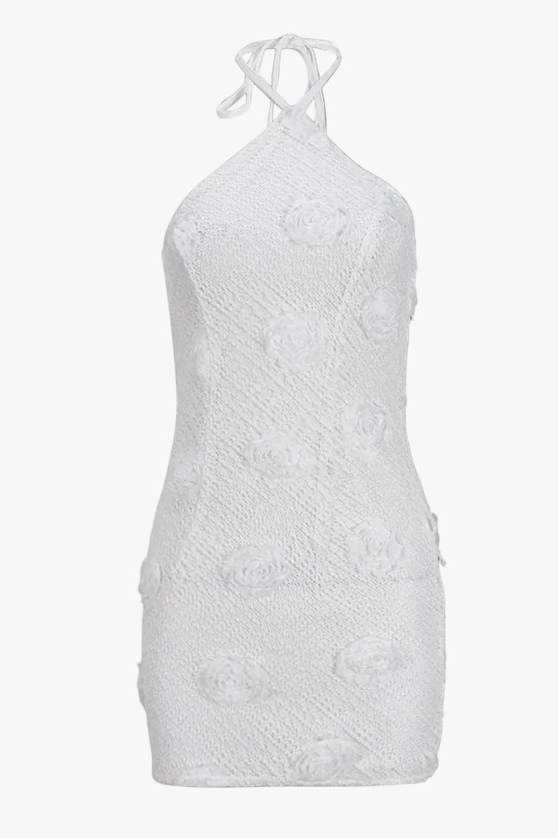 Dames minijurk met halterhals en 3D-rozenapplicaties