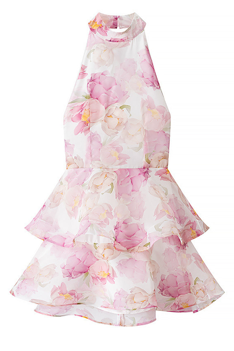 Dames minijurk met halterband en gegolfde kraag en gelaagde ruchesrok