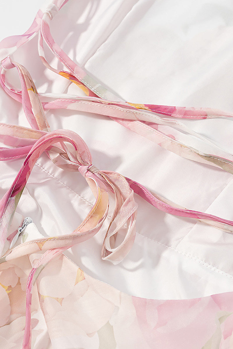 Dames minijurk met halterband en gegolfde kraag en gelaagde ruchesrok