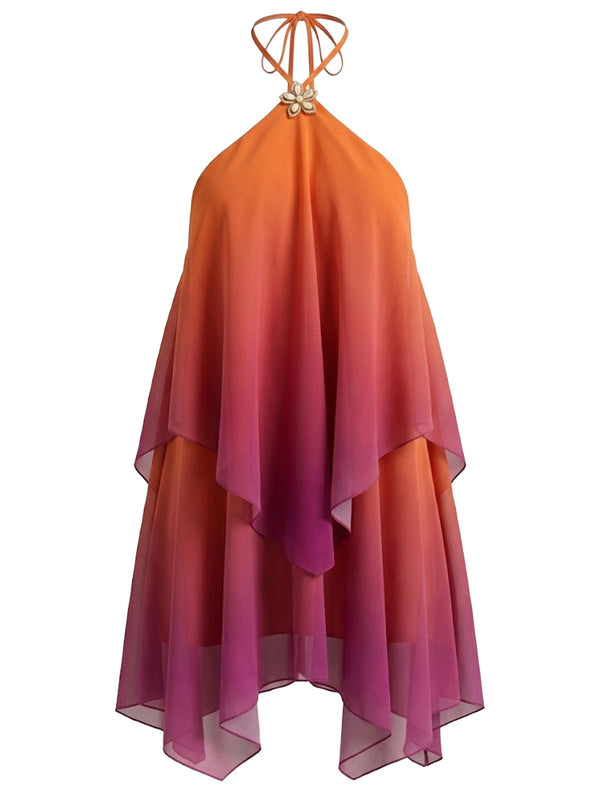 Dames minijurk met halterband en metalen ring en gelaagde asymmetrische ruches