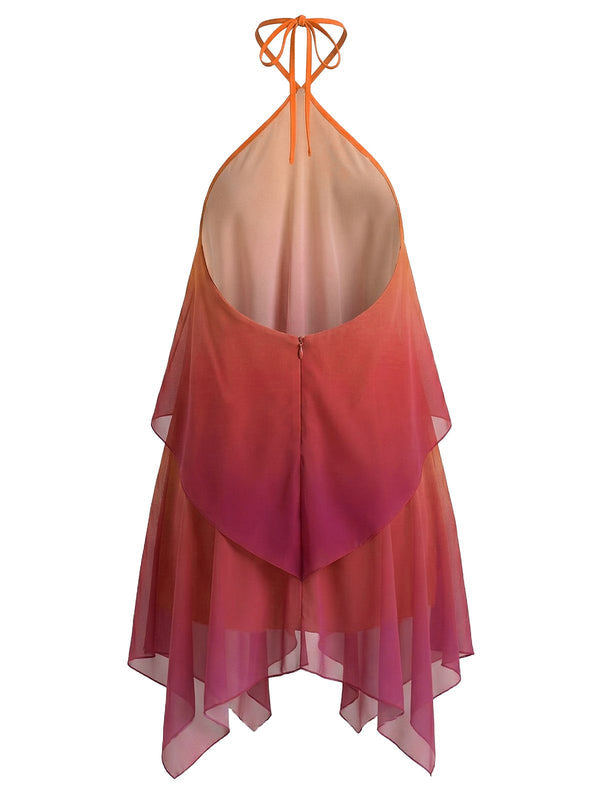 Dames minijurk met halterband en metalen ring en gelaagde asymmetrische ruches