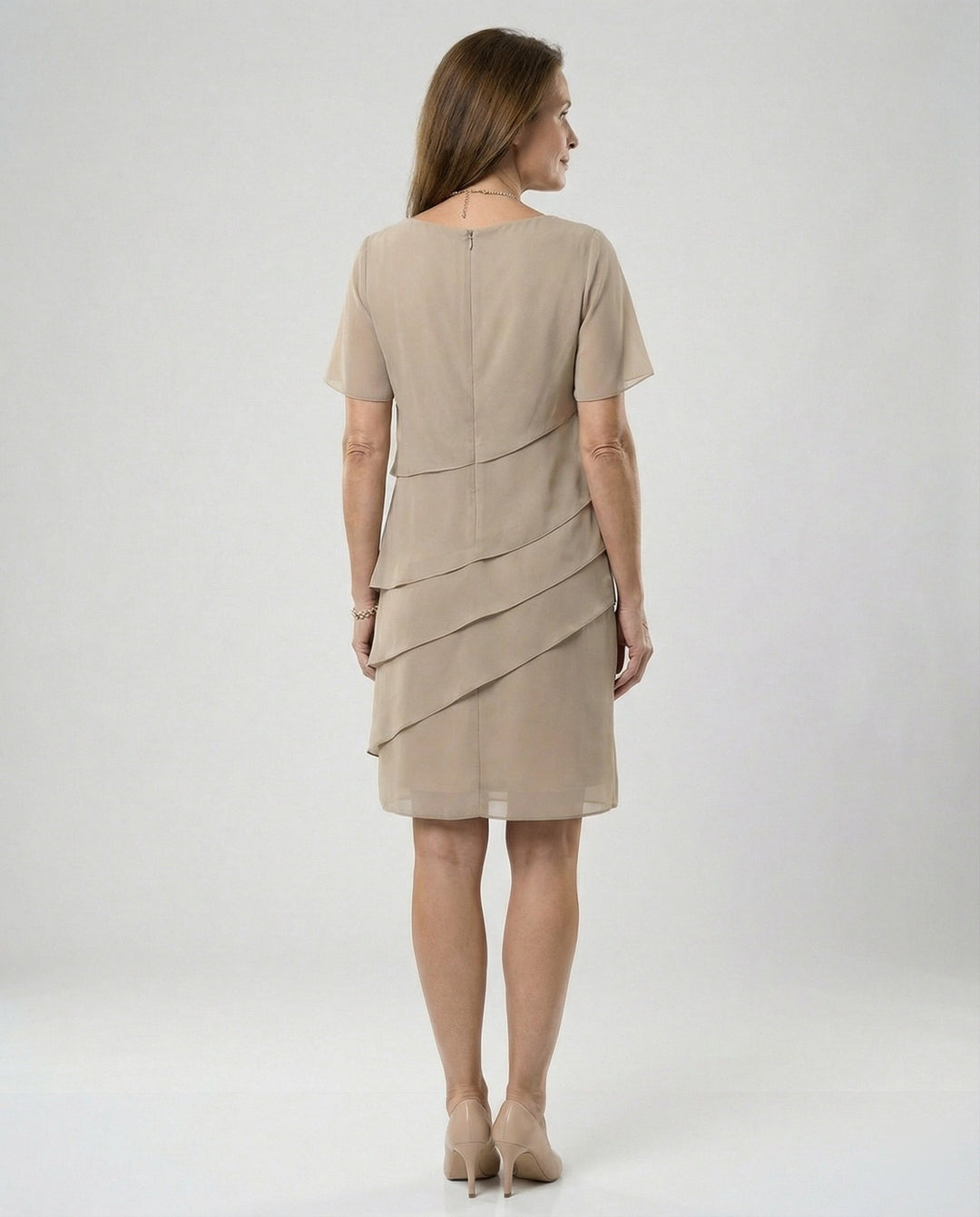 Damen Minikleid mit Rüschenlagen und rundem Halsausschnitt mit kurzen Ärmeln und Rückenreißverschluss