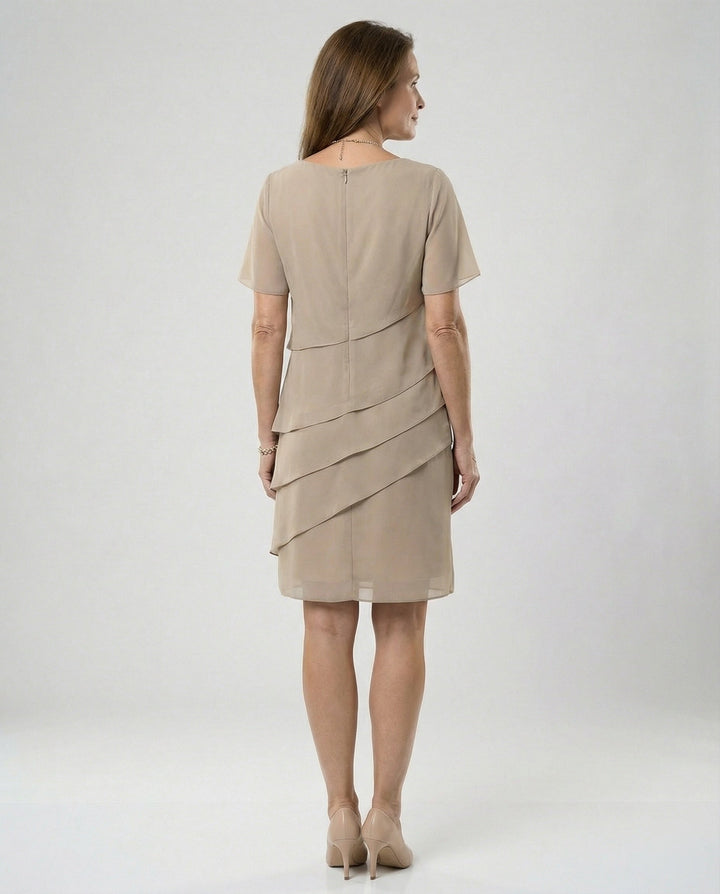 Damen Minikleid mit Rüschenlagen und rundem Halsausschnitt mit kurzen Ärmeln und Rückenreißverschluss