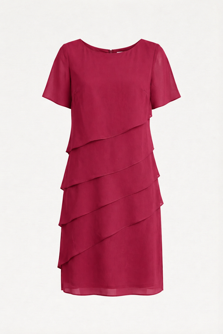 Damen Minikleid mit Rüschenlagen und rundem Halsausschnitt mit kurzen Ärmeln und Rückenreißverschluss