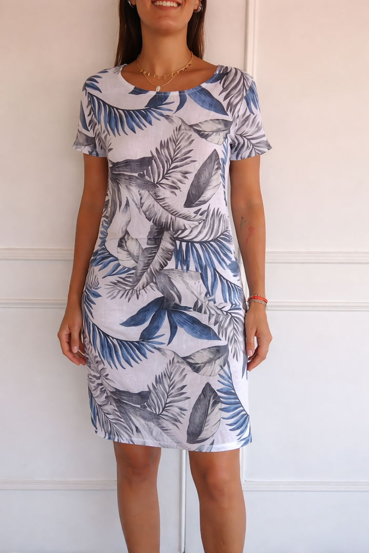 Dames mini jurk met ronde hals, korte kapmouwtjes, steekzakken en rechte zoom