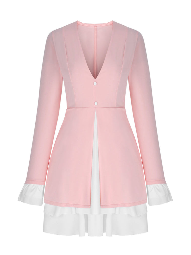 Dames minijurk met diepe V-hals, reverskraag, ruchesmouwen en rucheszoom