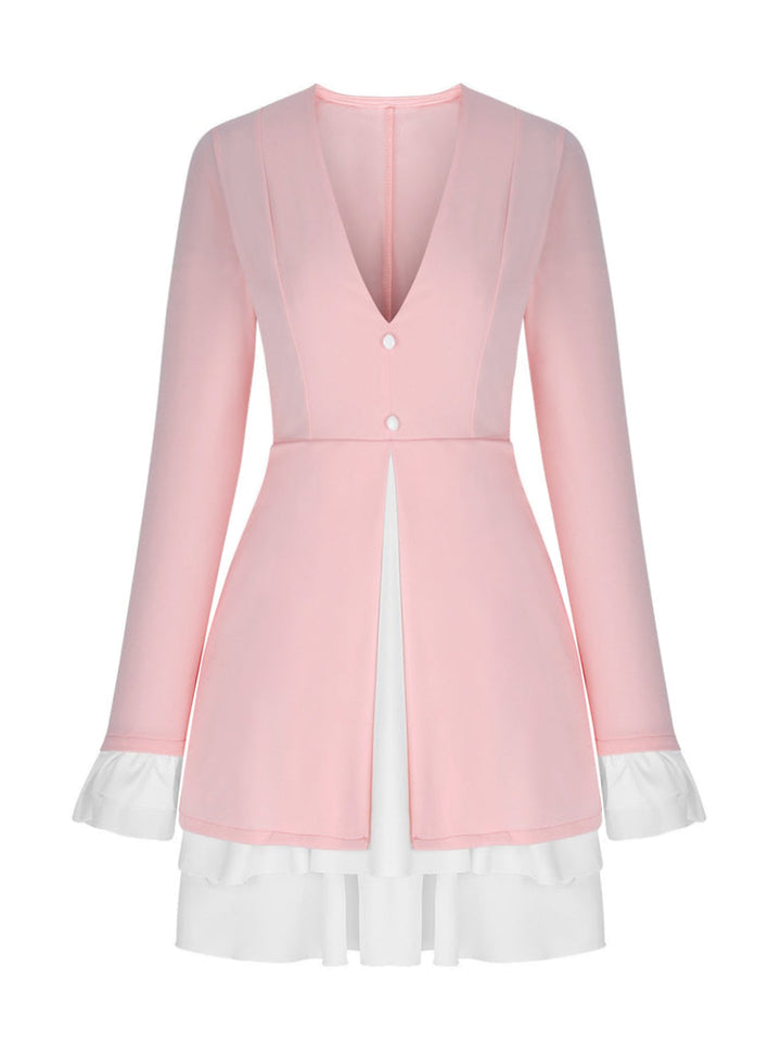 Dames minijurk met diepe V-hals, reverskraag, ruchesmouwen en rucheszoom