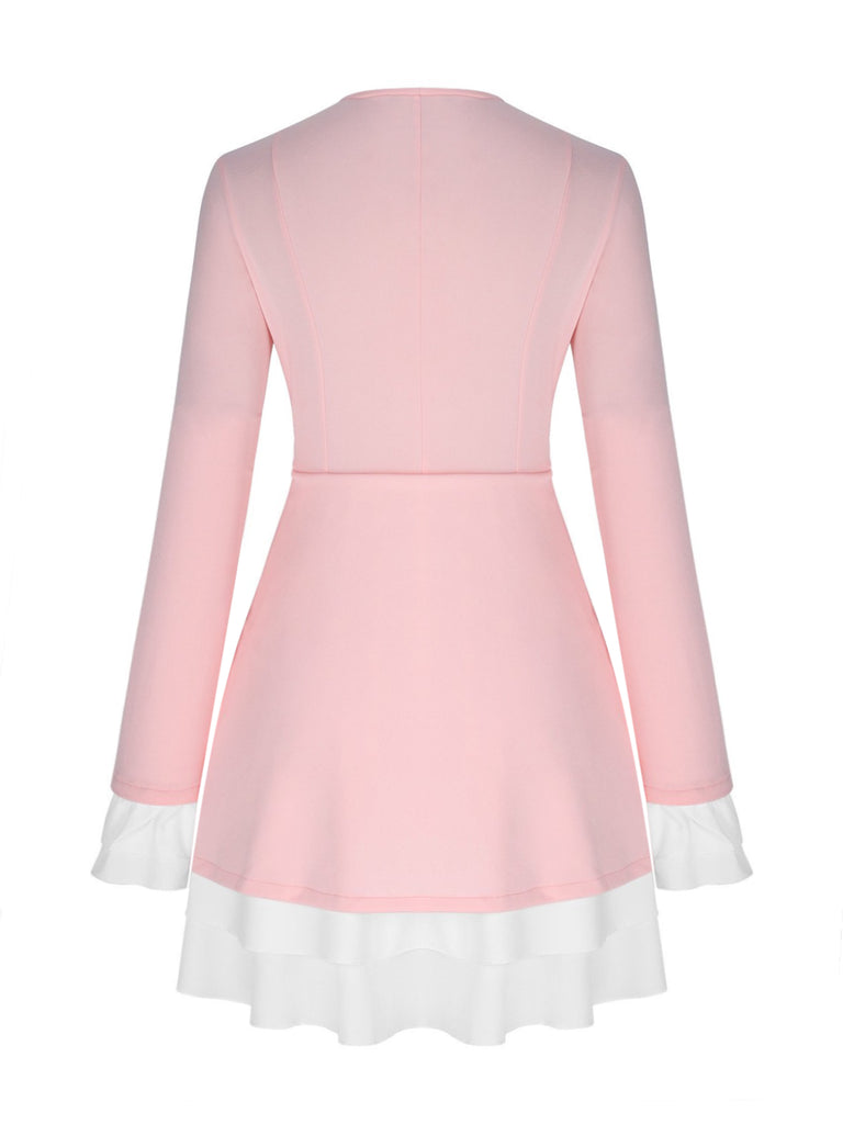 Dames minijurk met diepe V-hals, reverskraag, ruchesmouwen en rucheszoom