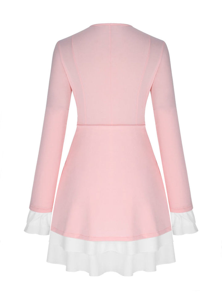 Dames minijurk met diepe V-hals, reverskraag, ruchesmouwen en rucheszoom