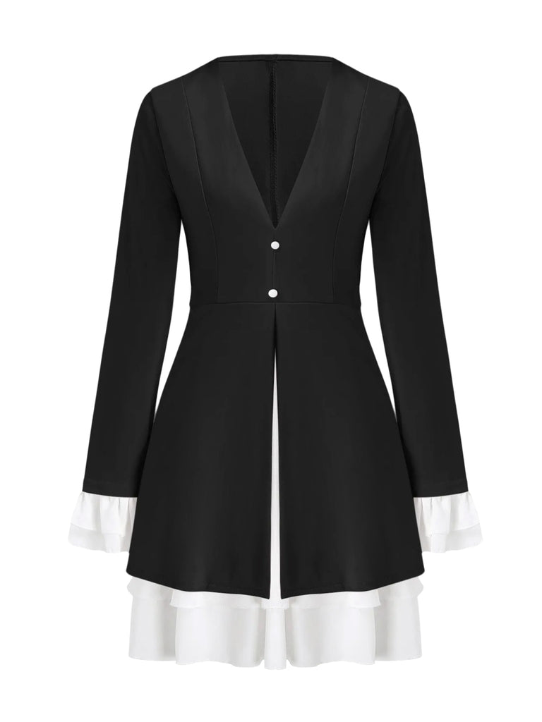 Dames minijurk met diepe V-hals, reverskraag, ruchesmouwen en rucheszoom