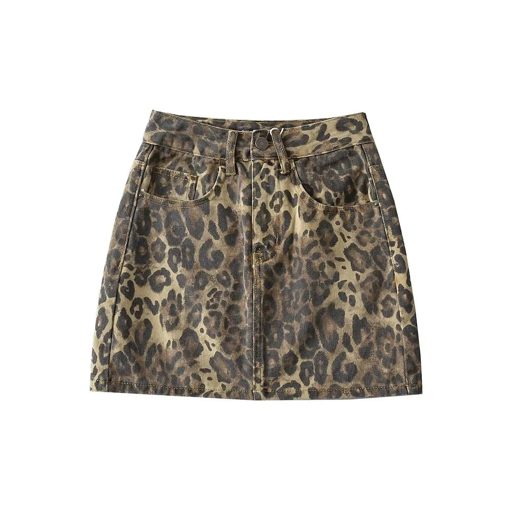 Damen Minirock mit Hoher Taille und Leopardenmuster und Aufsetztaschen