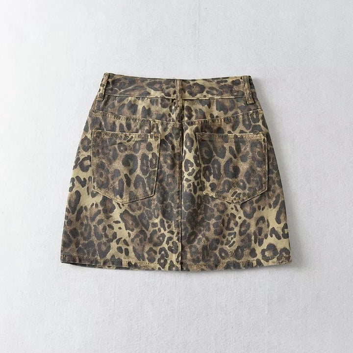 Damen Minirock mit Hoher Taille und Leopardenmuster und Aufsetztaschen