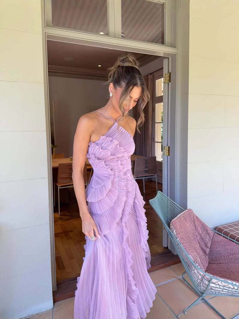 Dames halter midijurk met plooien en verticale ruches