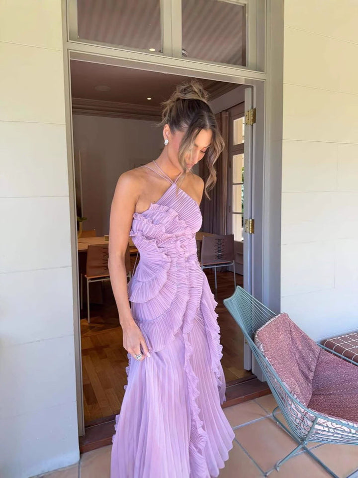 Dames halter midijurk met plooien en verticale ruches