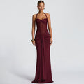Dames maxi-jurk met halternek, semi-transparant inzetstuk en knoopdetail