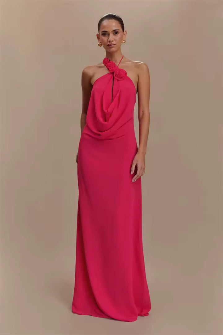 Dames halter maxi-jurk met rozenapplicaties en open rug