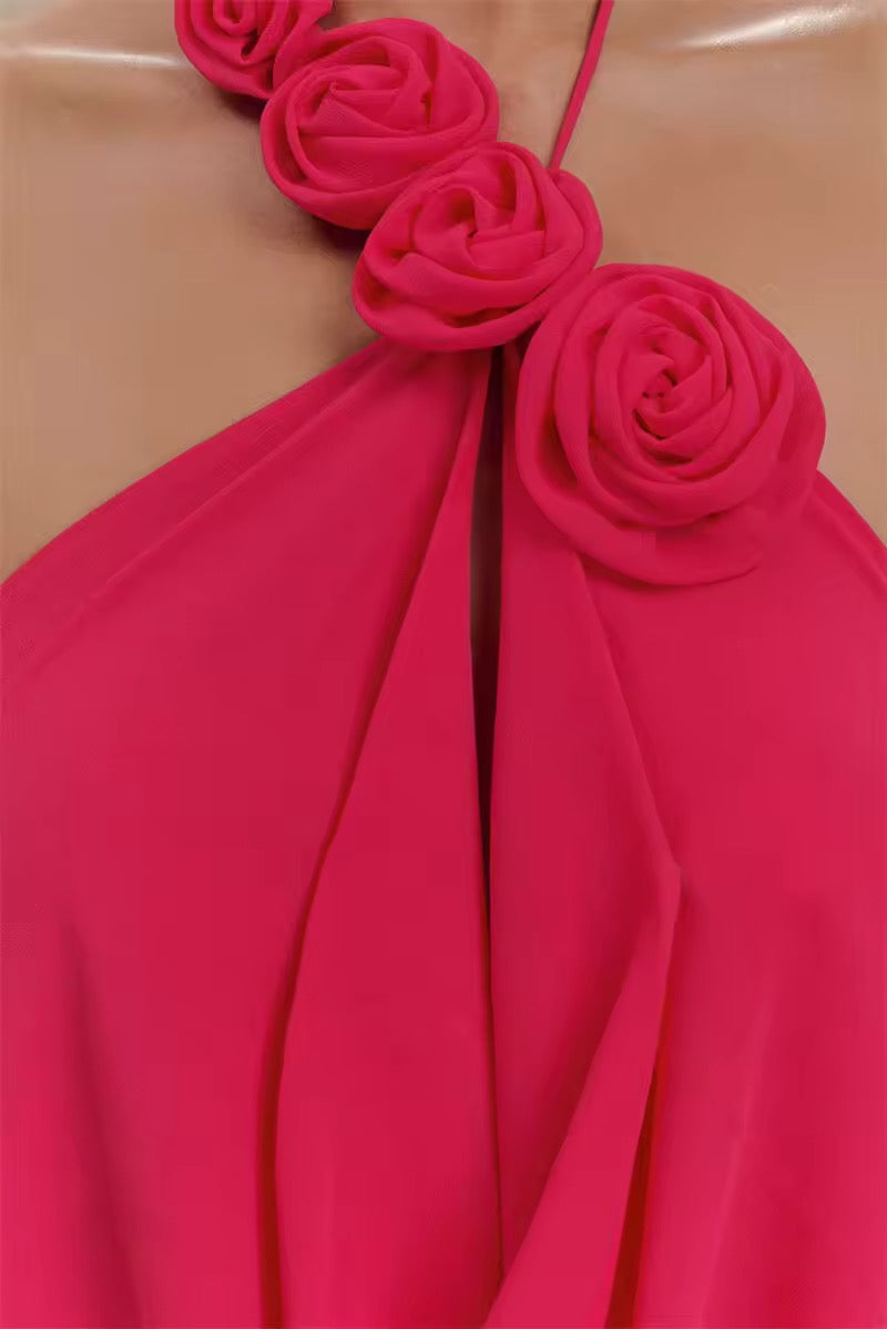 Dames halter maxi-jurk met rozenapplicaties en open rug