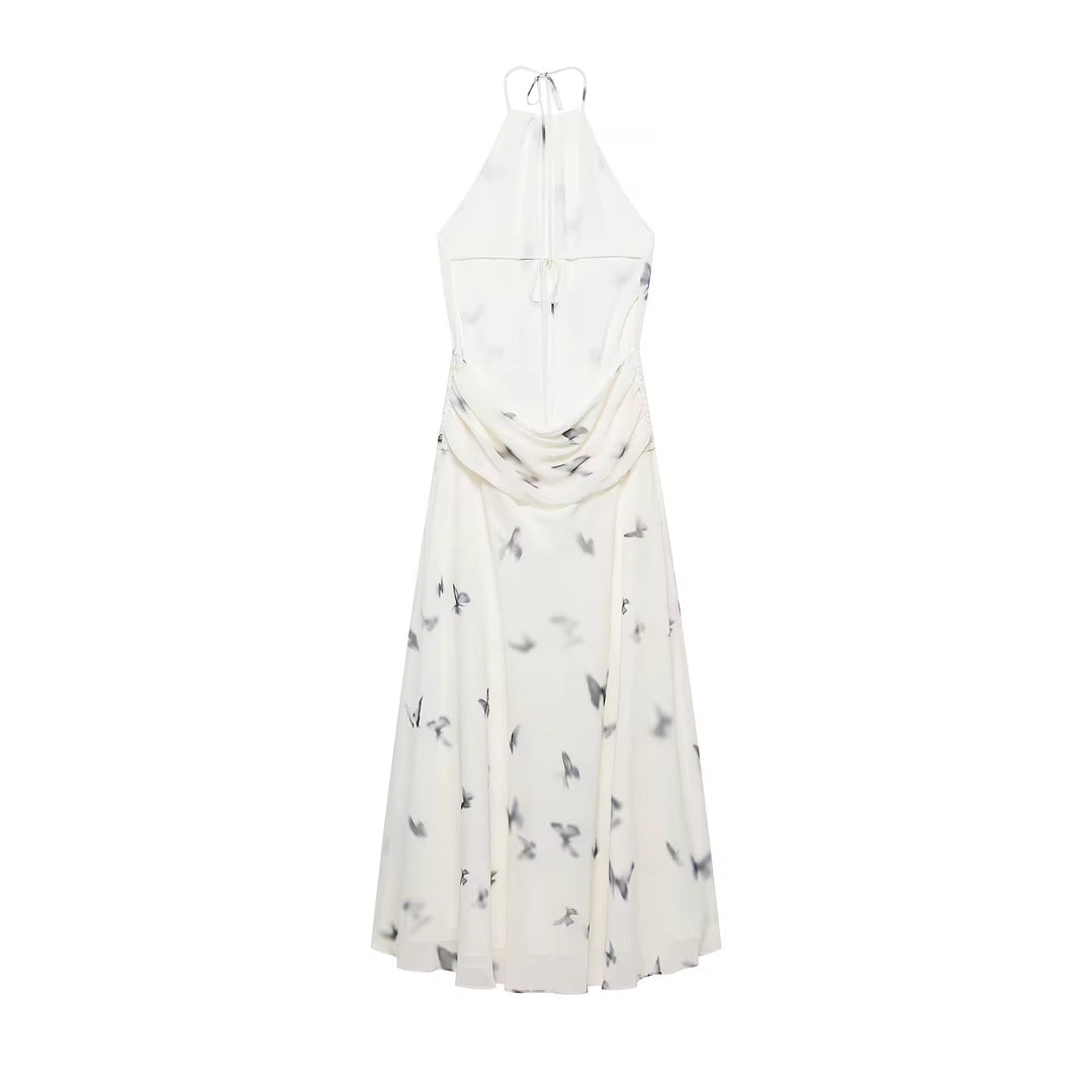 Dames halter maxi-jurk met vlinderprint en open rug met geplooide taille