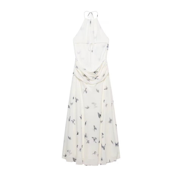 Dames halter maxi-jurk met vlinderprint en open rug met geplooide taille