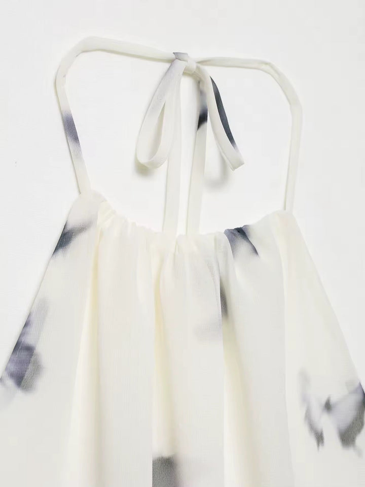 Dames halter maxi-jurk met vlinderprint en open rug met geplooide taille