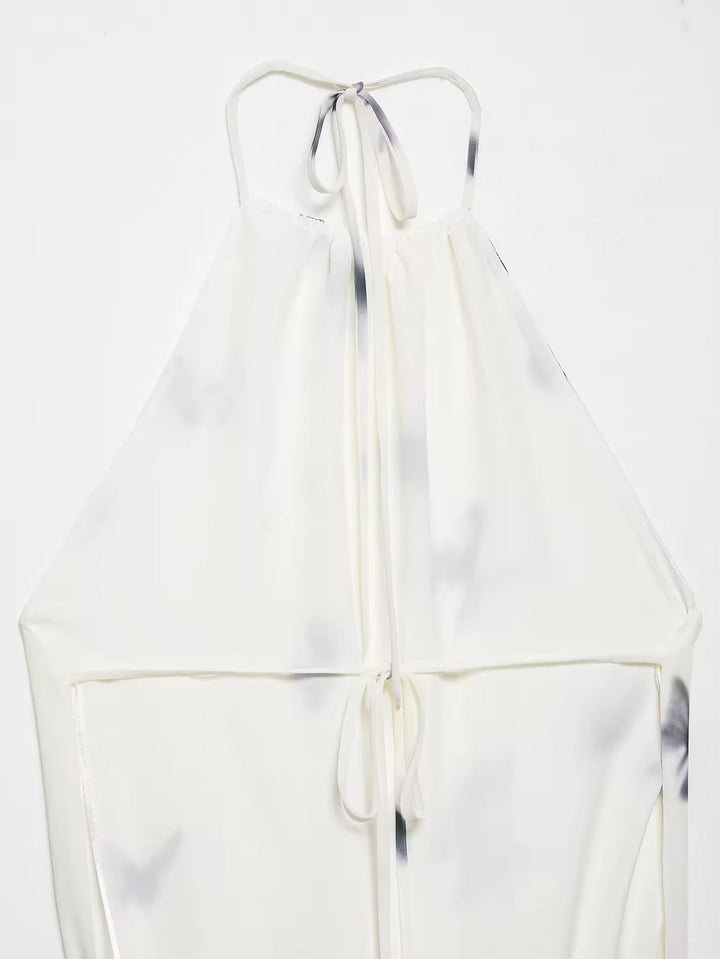 Dames halter maxi-jurk met vlinderprint en open rug met geplooide taille