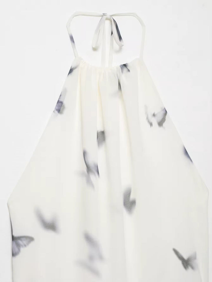 Dames halter maxi-jurk met vlinderprint en open rug met geplooide taille