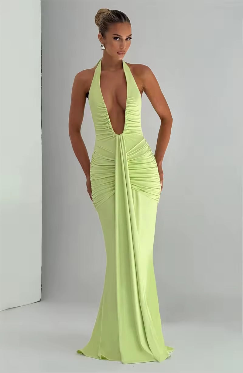 Dames halter maxi-jurk met diepe V-hals en doorlopende ruches