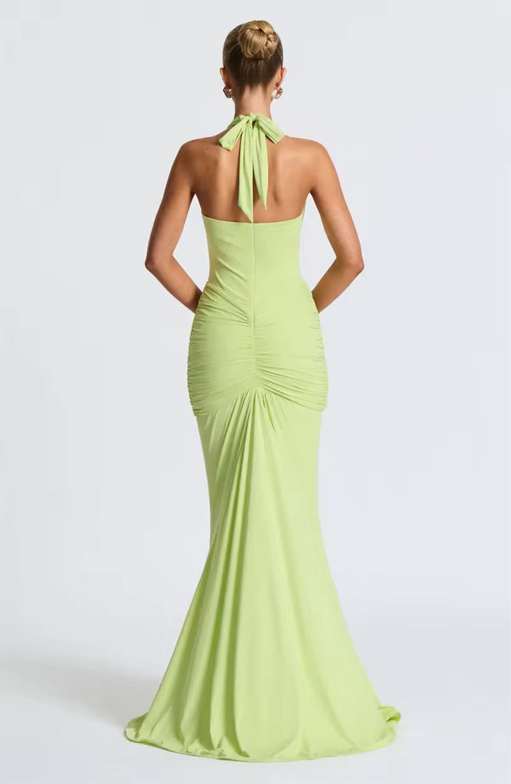 Dames halter maxi-jurk met diepe V-hals en doorlopende ruches
