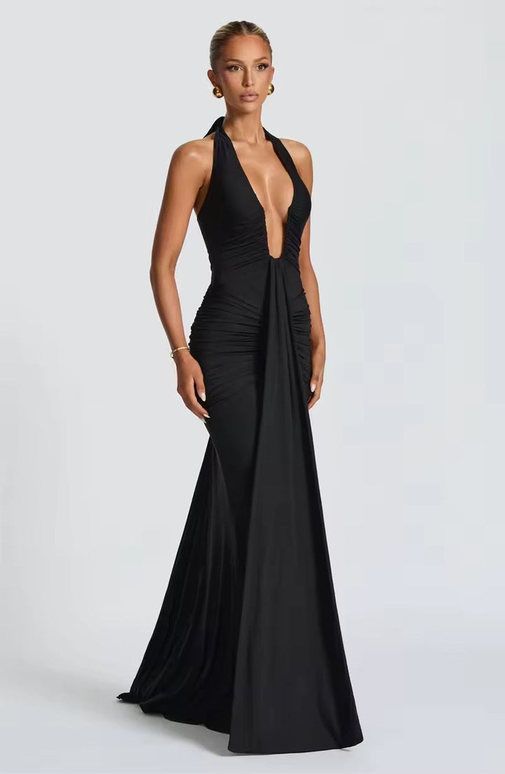 Dames halter maxi-jurk met diepe V-hals en doorlopende ruches