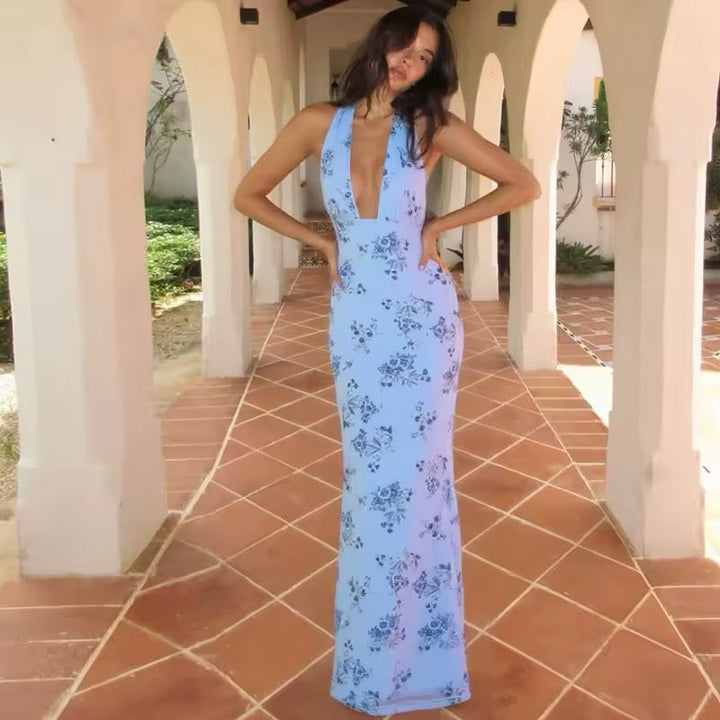 Dames maxi-jurk met halterhals, diepe V-hals, bloemenpatroon, open rug en strikbandjes