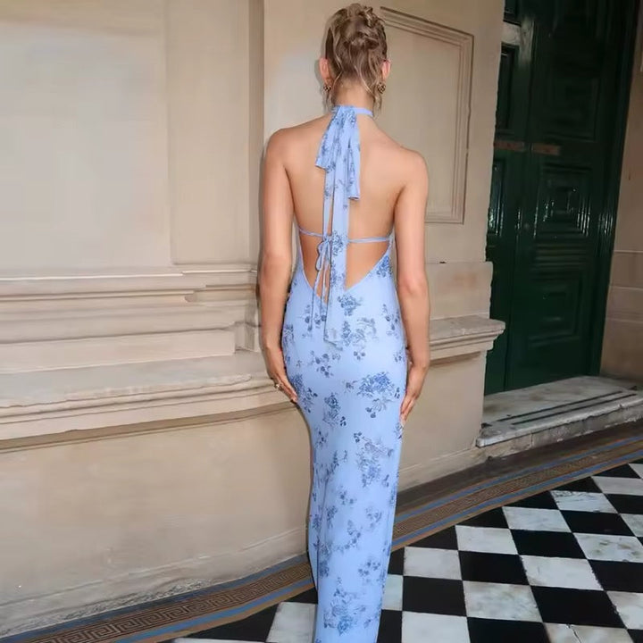 Dames maxi-jurk met halterhals, diepe V-hals, bloemenpatroon, open rug en strikbandjes