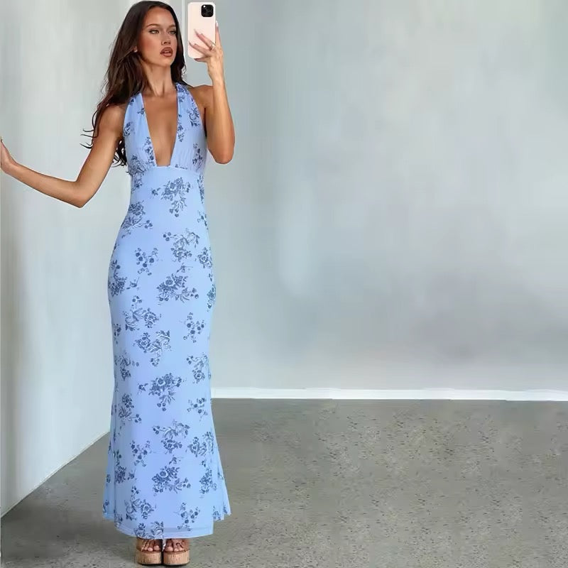 Dames maxi-jurk met halterhals, diepe V-hals, bloemenpatroon, open rug en strikbandjes