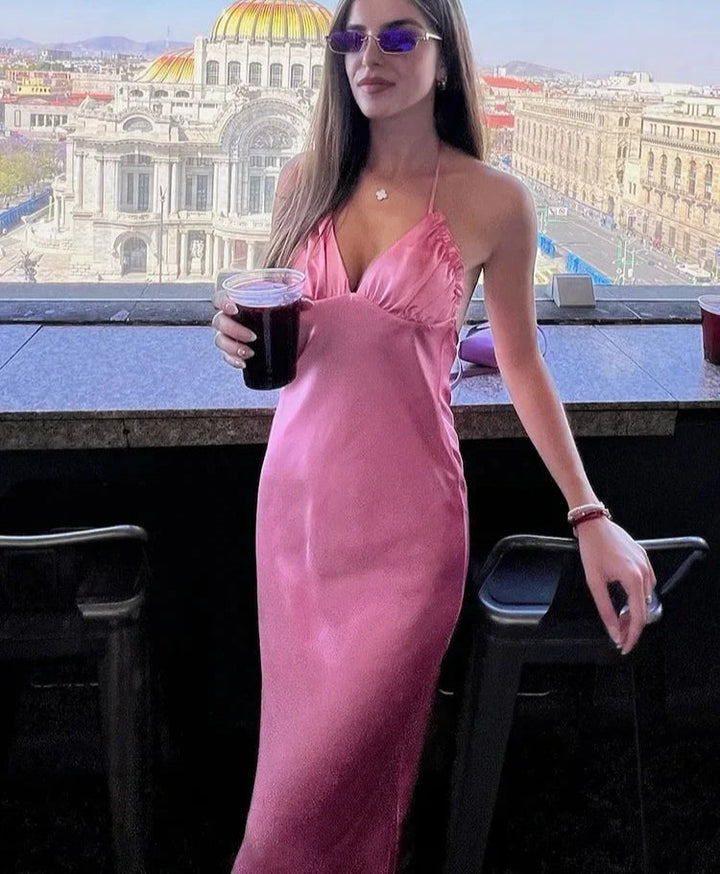 Dames halter maxi-jurk met diepe V-hals en gerimpeld lijfje