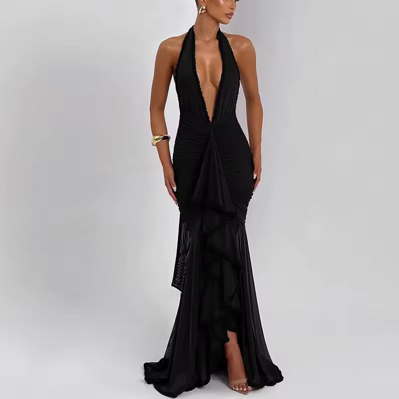 Dames halter maxi-jurk met diepe V-hals en gerimpeld oppervlak met ruches en open rug