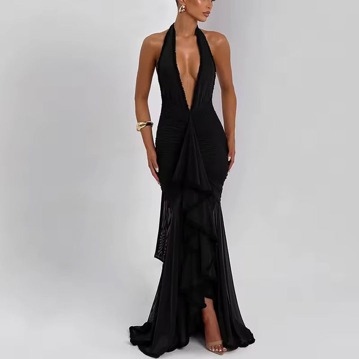 Dames halter maxi-jurk met diepe V-hals en gerimpeld oppervlak met ruches en open rug