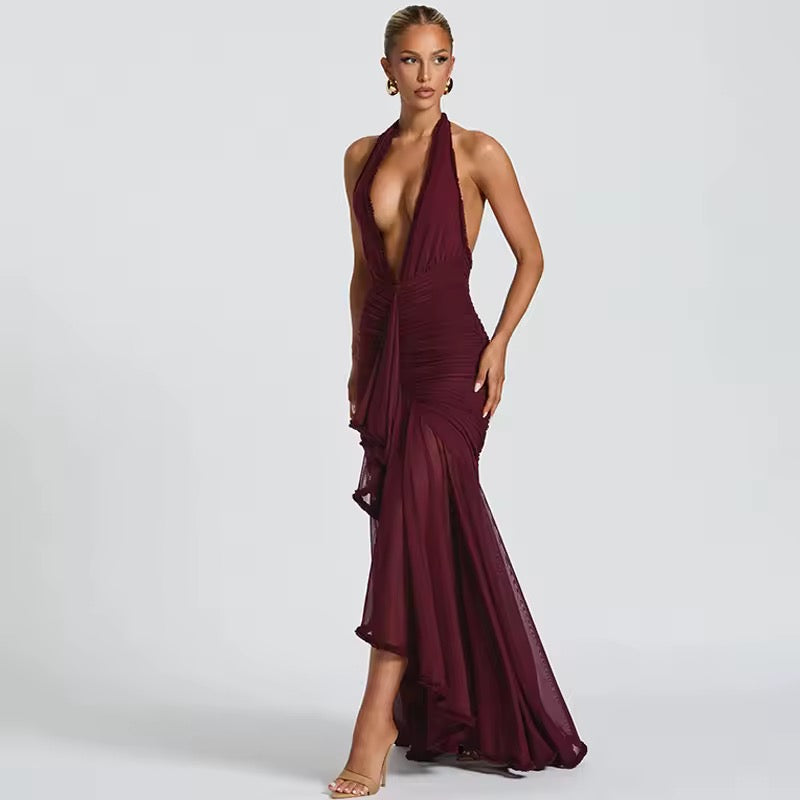 Dames halter maxi-jurk met diepe V-hals en gerimpeld oppervlak met ruches en open rug