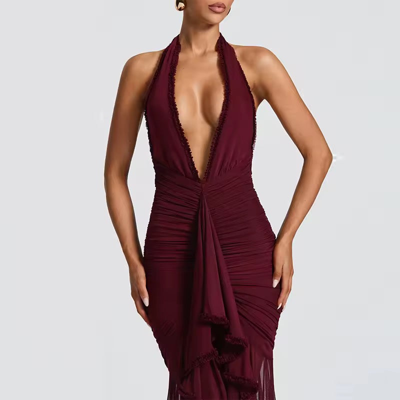 Dames halter maxi-jurk met diepe V-hals en gerimpeld oppervlak met ruches en open rug