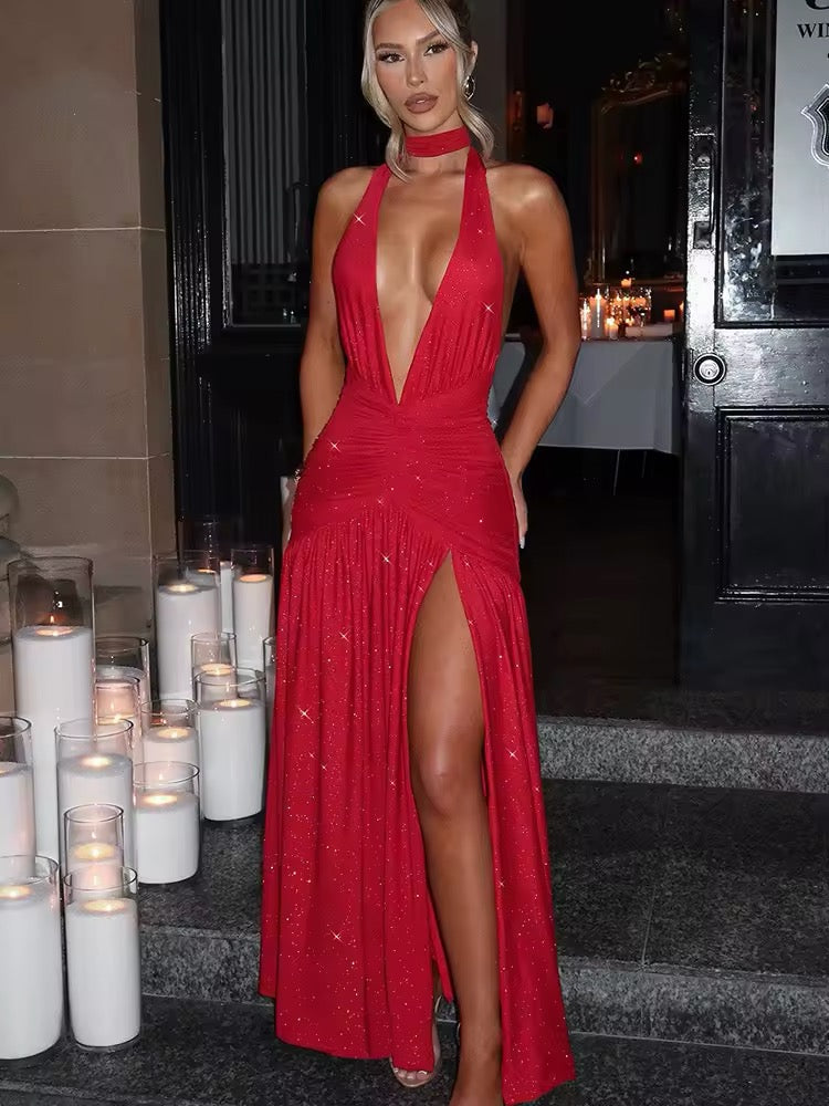 Dames halter maxijurk met diepe V-hals en glitteroppervlak met open rug en zijsplit