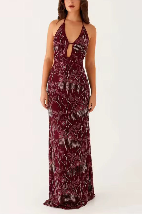 Dames halter-maxi-jurk met diepe V-hals en open rug
