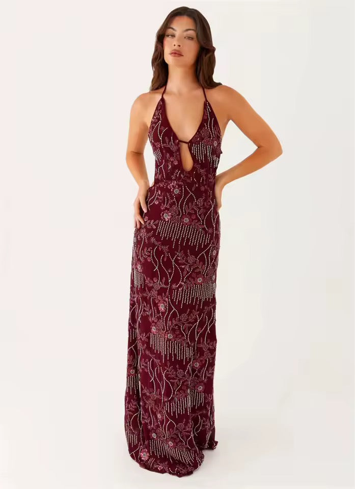 Dames halter-maxi-jurk met diepe V-hals en open rug