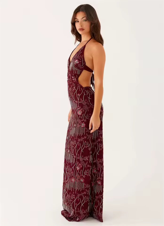 Dames halter-maxi-jurk met diepe V-hals en open rug