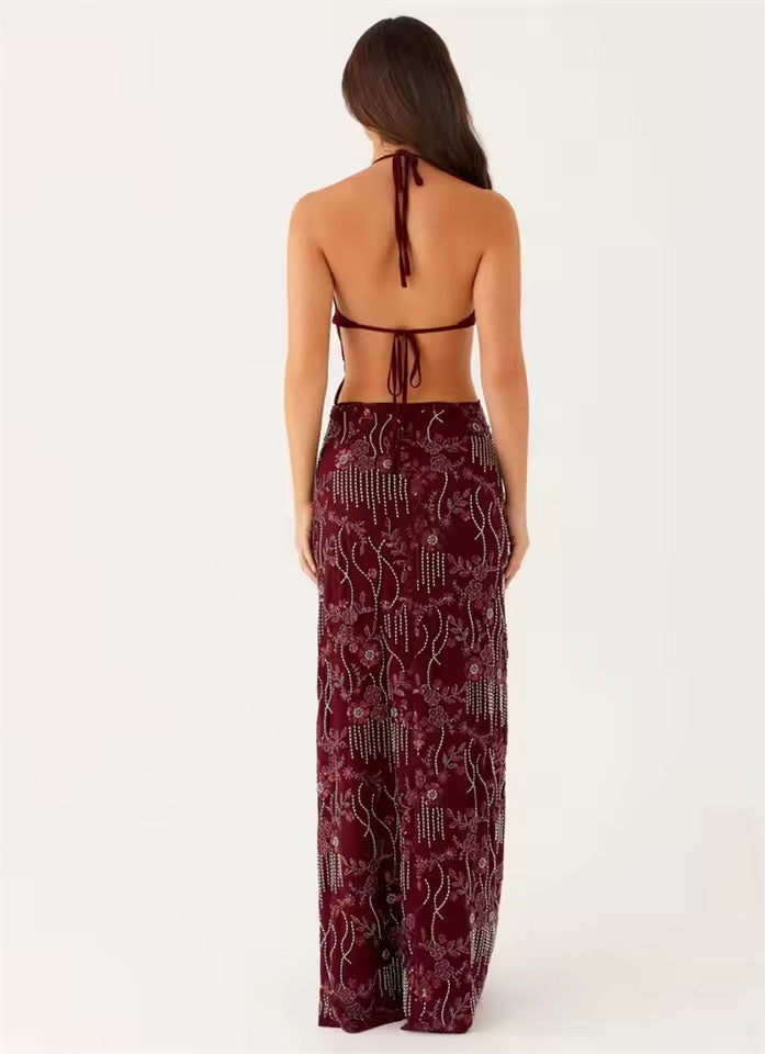 Dames halter-maxi-jurk met diepe V-hals en open rug