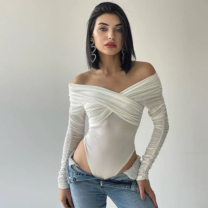 Dames off-shoulder bodysuit met lange mouwen, ruches en overslag draperie
