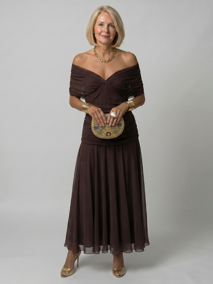 Dames off-shoulder maxi-jurk met gedrapeerde kraag en gerimpelde taille