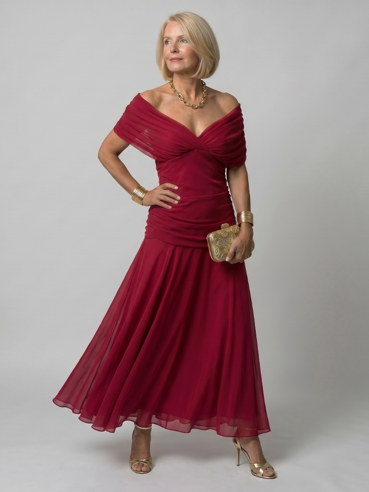 Dames off-shoulder maxi-jurk met gedrapeerde kraag en gerimpelde taille