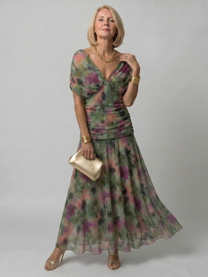 Dames off-shoulder maxi-jurk met gedrapeerde kraag en gerimpelde taille