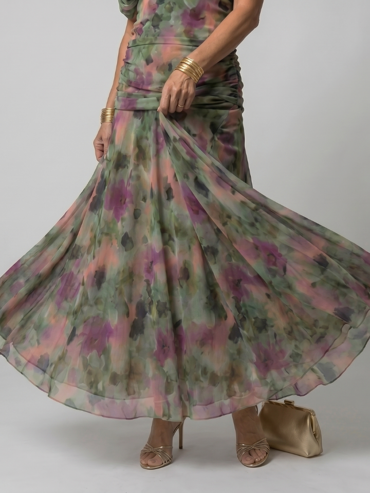Dames off-shoulder maxi-jurk met gedrapeerde kraag en gerimpelde taille