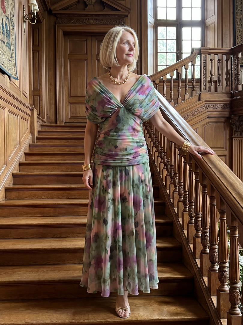 Dames off-shoulder maxi-jurk met gedrapeerde kraag en gerimpelde taille