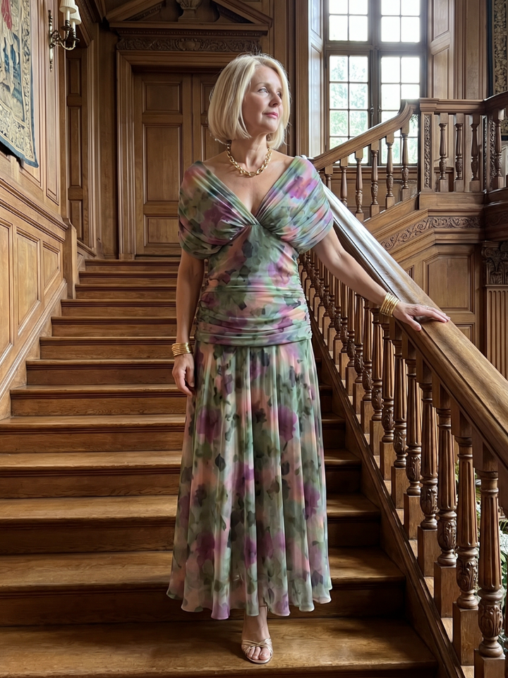 Dames off-shoulder maxi-jurk met gedrapeerde kraag en gerimpelde taille