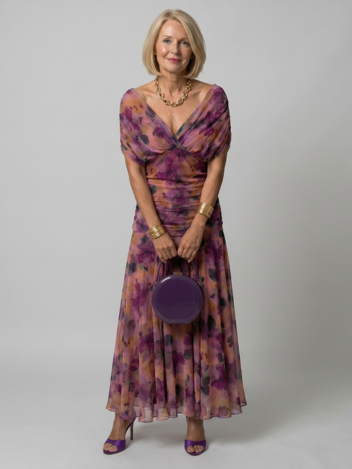Dames off-shoulder maxi-jurk met gedrapeerde kraag en gerimpelde taille